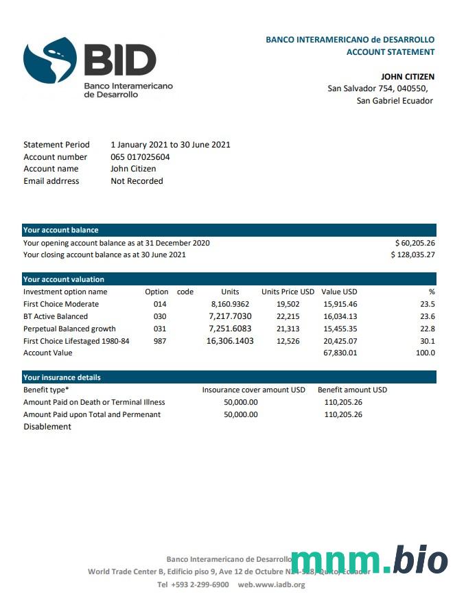 Ekwador Banco Interamericano de Desarrollo (BID) szablon wyciągu bankowego w programie Word i PDF